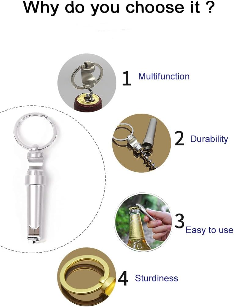 BJinegely Mini Keychain Corkscrew, Elegant 3 In 1 Portable Bottle Opener Wine Bottle Corkscrew Key Ring, Update Wine Beer Opener for Backpack Camping Kit Waiters (Silver) - Image 3
